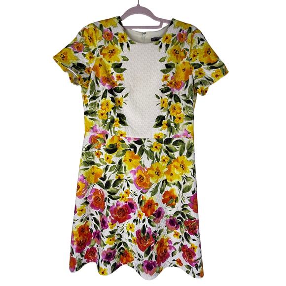 Maggy London Adeline Short Sleeve Ivory & Bright Floral Print Hot Dress Size 12P - Picture 2 of 10